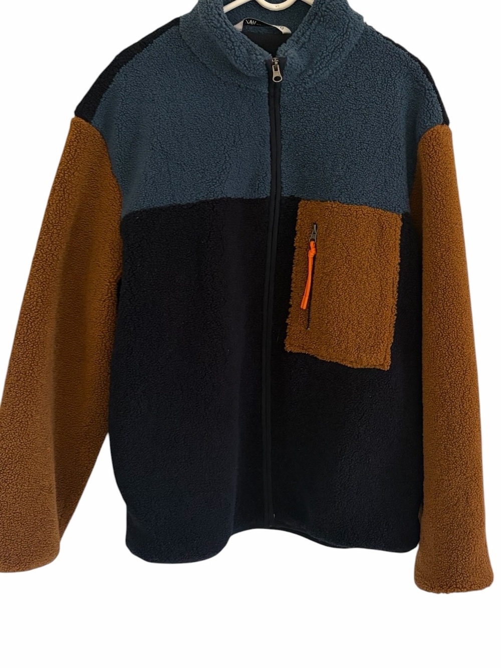 Zara Men’s Colorblock Sherpa Zip-Up Jacket in Blue, Black & Brown
